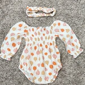 Adorable Pumpkin Print Baby Romper with Headband